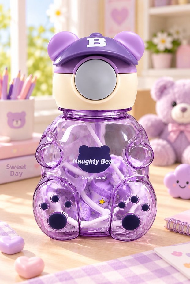 Teddy Bear Design Water Bottle with Hat and Straw – Cute Bear Figure, Carrying Strap, Lockable Lid, Colorful Water Bottle