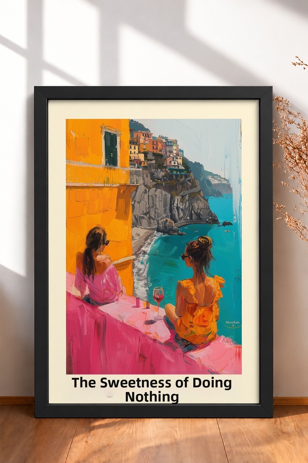 Il Dolce Far Niente and Two Women on the Shore Framed Painting Italy Poster Wall Decor Itp059