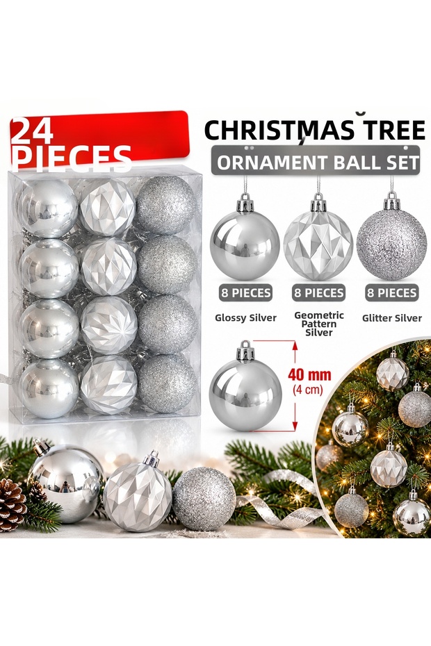 24 Piece Silver Christmas Tree Ornament Ball Set 40 mm – 3 Different Models, Includes Hanging Strings