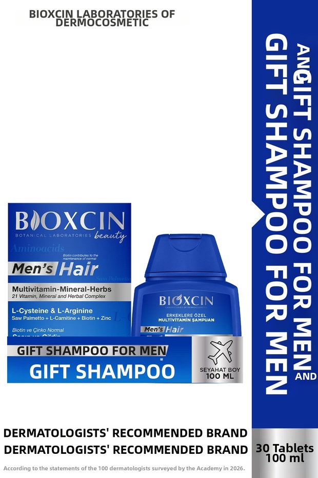 Mens hair 30 tablets + travel size multivitamin shampoo gift