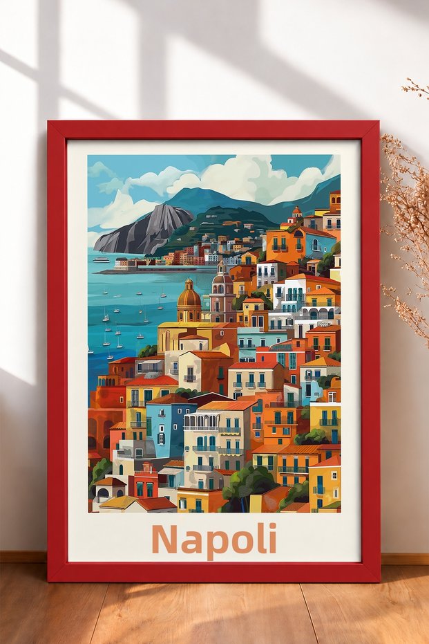 Naples Bay and Colorful Houses Framed Painting Italy Poster Living Room Kitchen Wall Decor Itp062