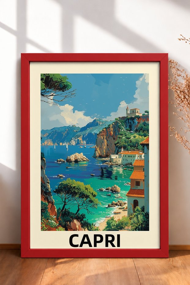 Capri, Dark and Turquoise Sea, Framed Painting, Italy Poster, Living Room, Kitchen, Wall Decor, Itp093.
