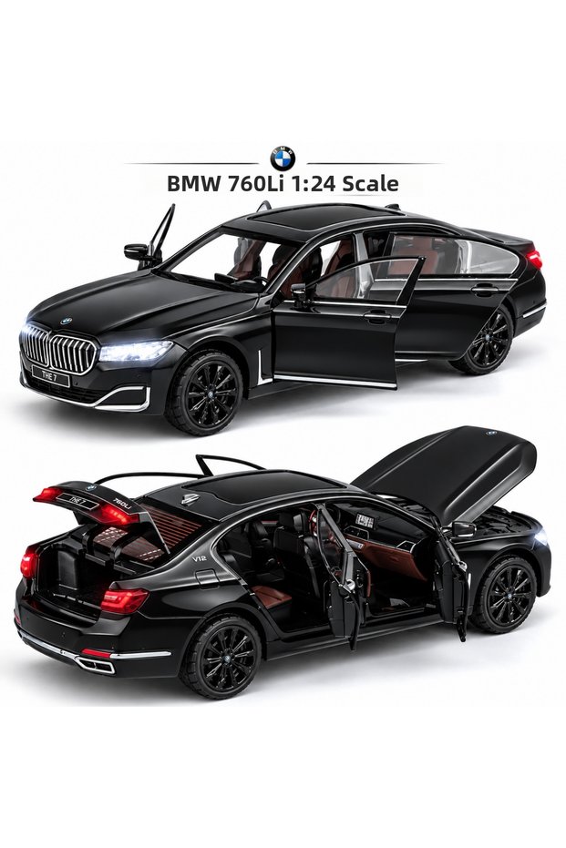 Black 1:24 Scale BMW 760Li Metal Toy Car with Opening Hood and Trunk Doors, Light-Up and Sound-Activated Model Car