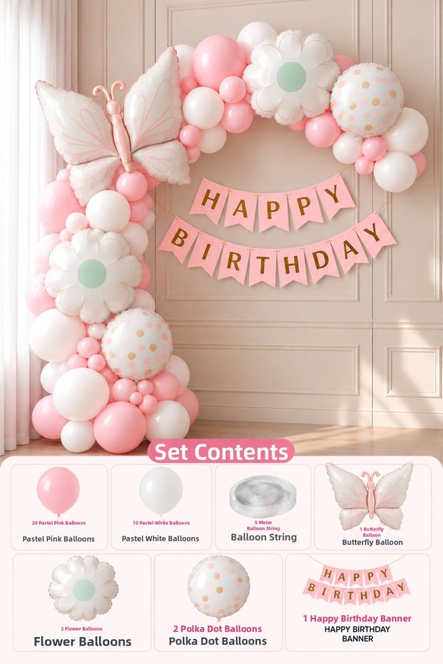 Cream Butterfly Pastel Pink Birthday Decoration Set, Floral Polka Dot Foil Balloon Garland, Happy Birthday Party Decorations.