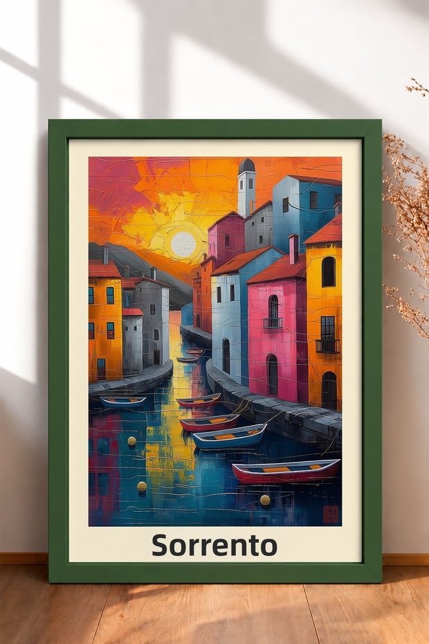 Sorrento Sunset, Canal and Boats Framed Painting, Italy Poster, Wall Decor, Itp119.