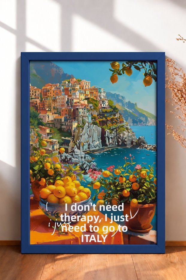 Go to Italy, Lemon-Themed Coastal Village Framed Painting, Italy Poster, Wall Decor, Itp126.