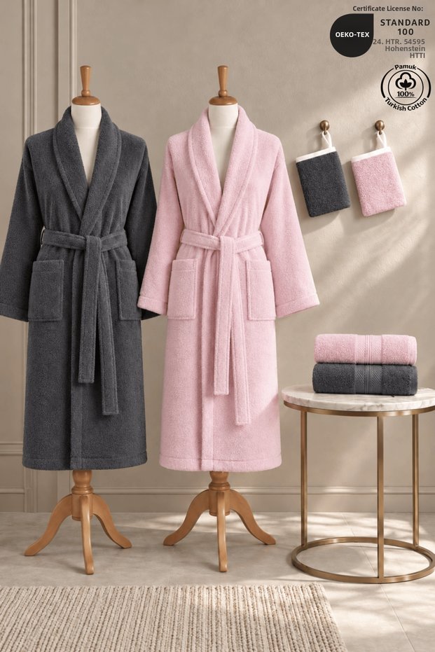 Eldy 6-Piece Family Bathrobe Set, 100% Cotton, Certified Striped Bathrobe Set, Bridal Gift Set, Anthracite and Pink.