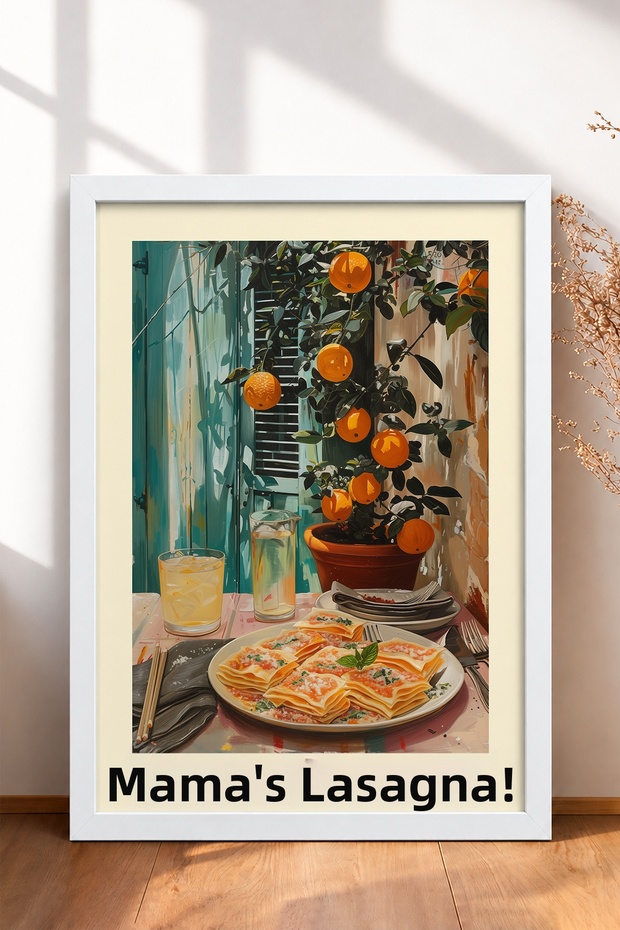 Lasagna Di Mamma and Orange Tree Framed Painting, Italy Poster, Living Room, Kitchen, Wall Decor, Itp181.