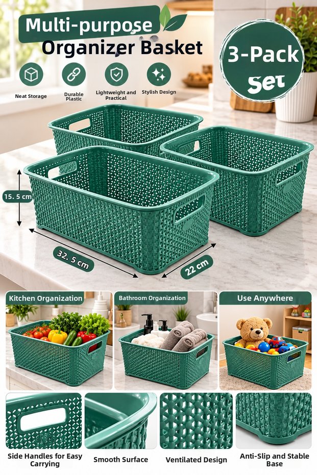 3 Multi-Purpose Organizer Baskets, Green