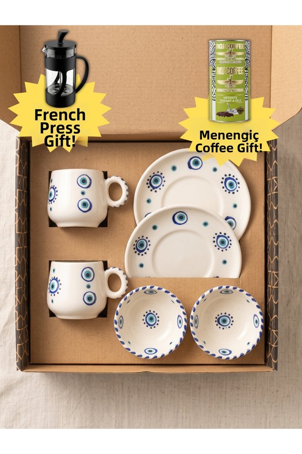 Handmade Ceramic Turkish Coffee Cup Set with Evil Eye Beads, 2-Person Set, 6 Pieces, in a Gift Box, Includes Cup + Snack Bowl Set.