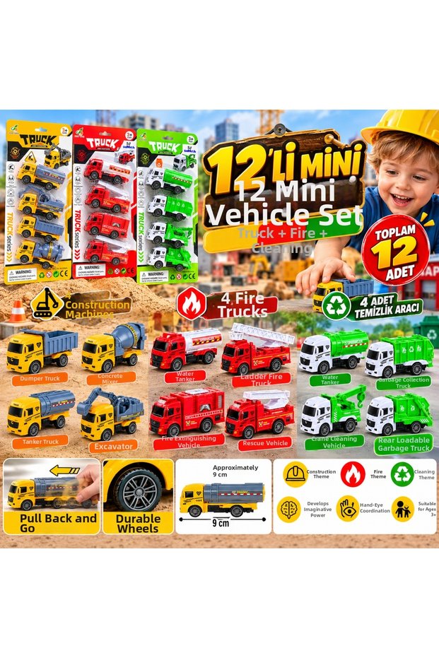 12-Piece Mini Truck, Fire Truck, and Cleaning Vehicle Set – 9 cm Pull-Back Toy Construction Vehicles.