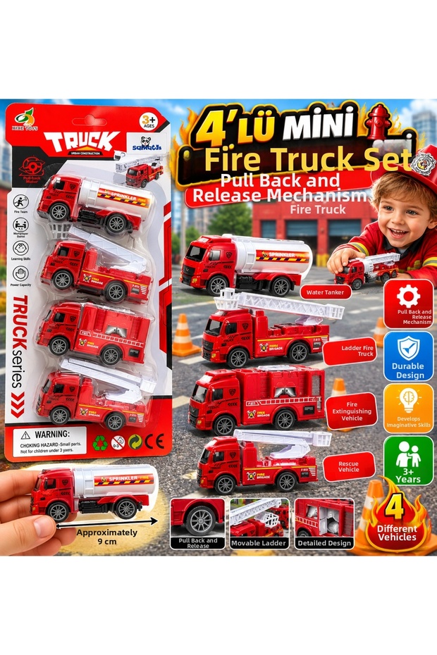 4-Piece Mini Pull-Back Fire Truck Set, 9 cm Firefighting and Rescue Trucks.