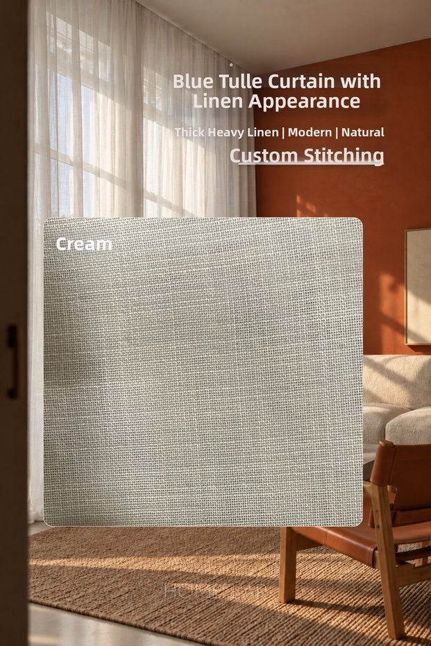 Blue | Cream-Colored Thick Linen Tulle Curtain | 1X3 Tight Pleats | Heavy Weight | Flowing. | Special Series