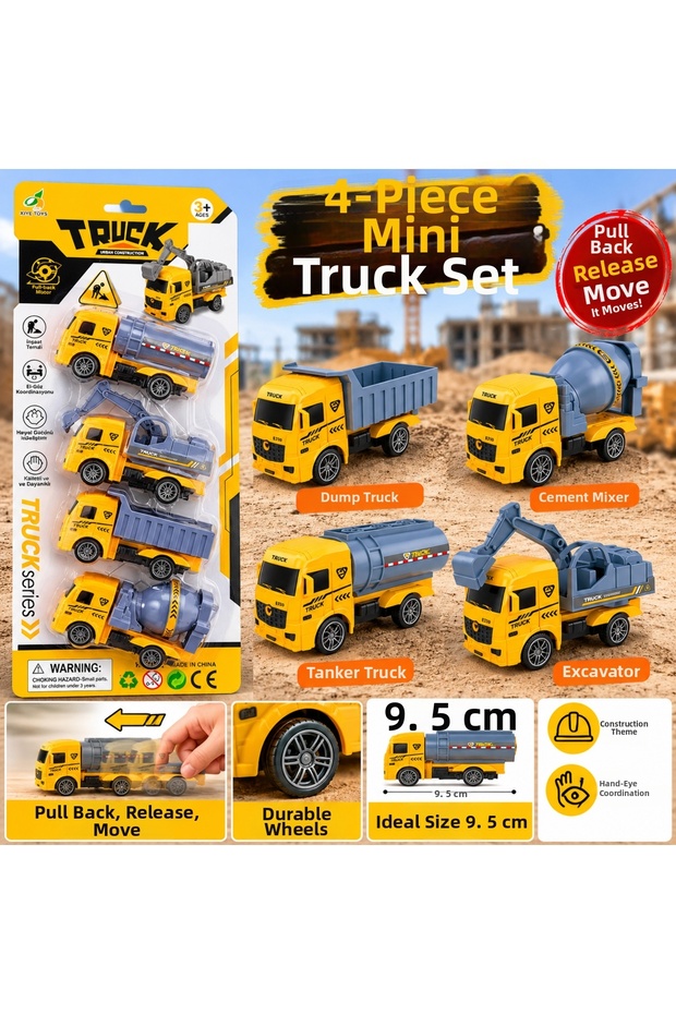 4-Piece Mini Pull-Back Truck Set – 9.5 Cm, Construction and Engineering Vehicle Toys.