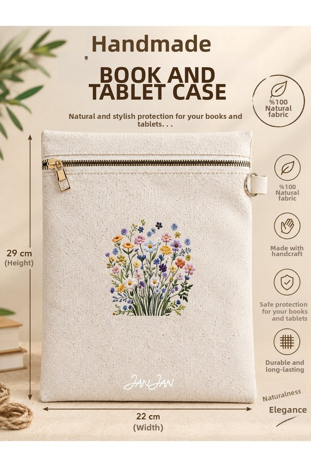 Handmade Book and Tablet Case, Natural Fabric, Zippered, 22X29Cm, Handcrafted in Amasya. Book Protector Bag, Book Sleeve, a Gift for Book Lovers