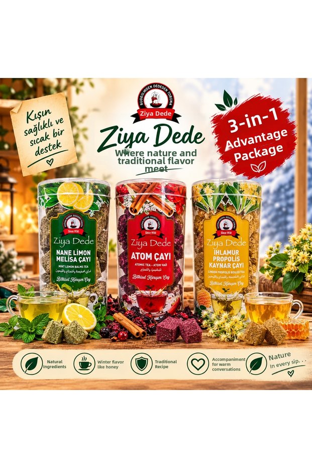 Ziya Dede 3-Piece Value Pack | Mint Lemon Melisa Tea, Linden Propolis Herbal Tea. | Traditional Atom Tea | Economic Set