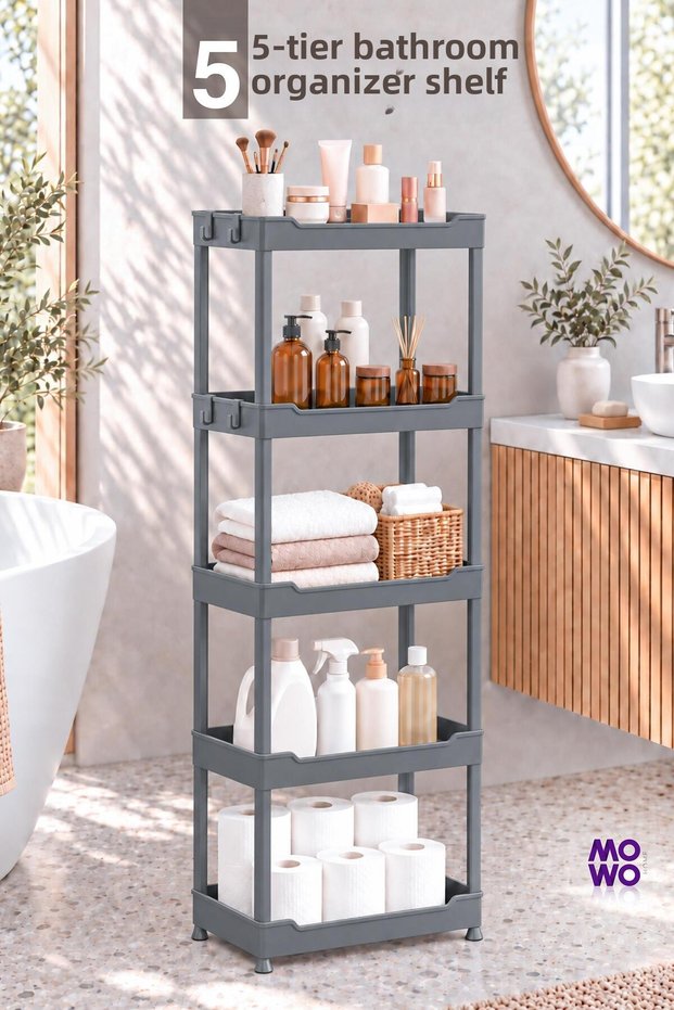 Gray 5-Tier Freestanding Bathroom Organizer Shelf - Towel Rack, Detergent Holder, Skincare and Makeup Organizer