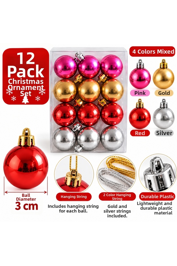 Set of 12 New Year's Decorative Ornaments, 3 cm – Assorted Colors: Pink, Gold, Red, Silver, with Hanging Strings