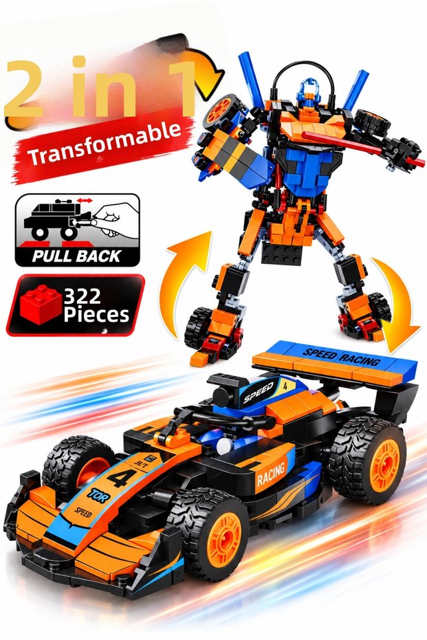 322-Piece 2-in-1 Race Car and Robot Building Block Set, Pull-Back, Ages 6+