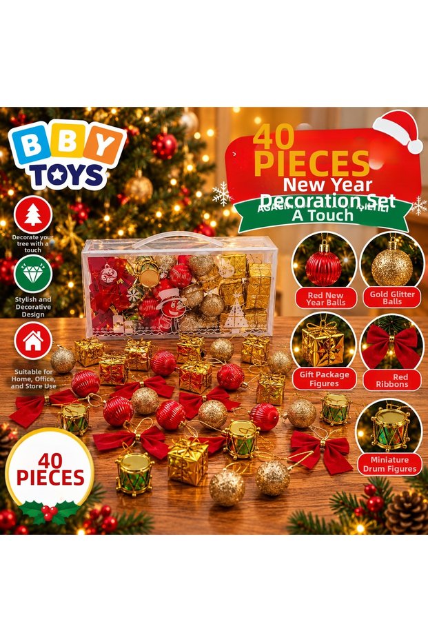 40-Piece Assorted Christmas Tree Ornament Set – Red and Glittery Balls, Gift Wraps, Bows with Bow Detail, and Drum-Shaped Christmas Tree Ornaments