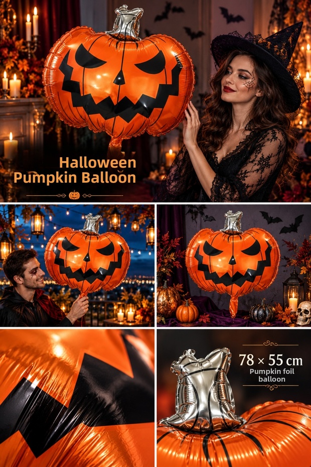 Halloween Pumpkin Foil Balloon, 78x55 cm, Black with Orange Face Print, Halloween Party Decoration
