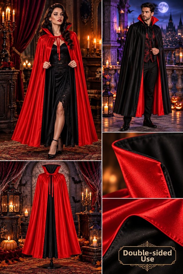 Halloween 160 cm Reversible Black and Red Mock Neck Dracula Vampire Cape