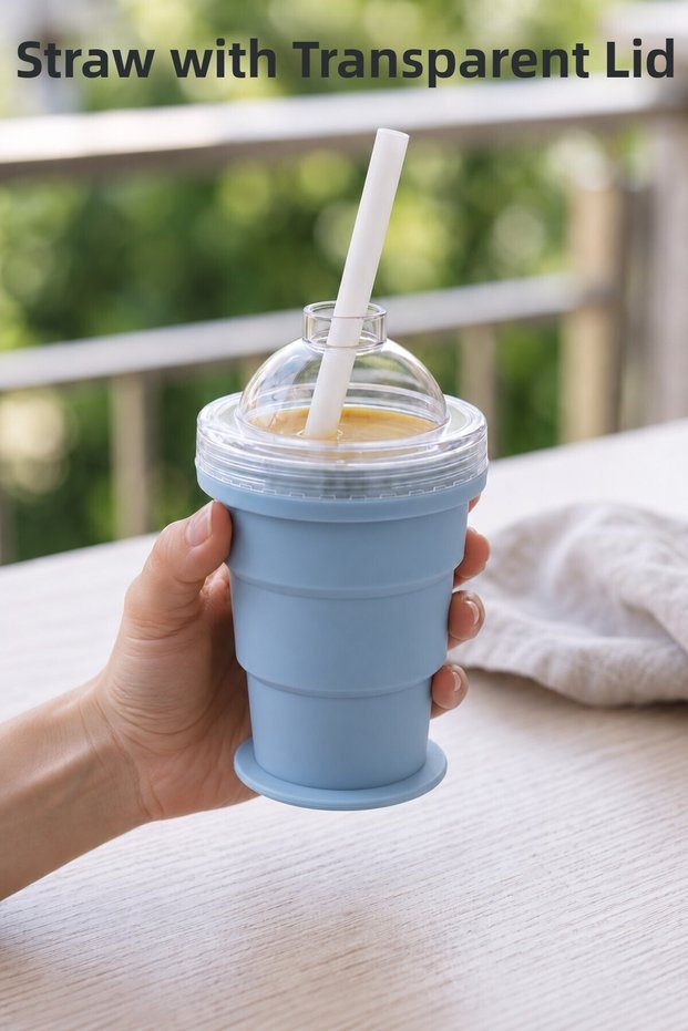 Collapsible Silicone Cup with Straw, Clear Lid, and Stopper—Travel and Camping Cup