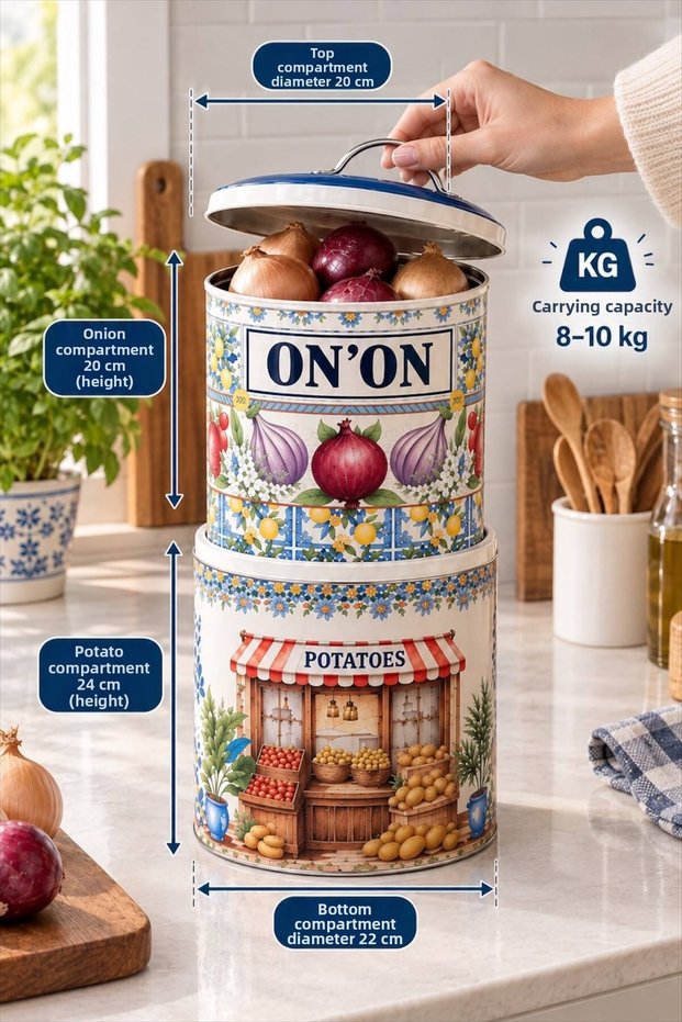 2-Tier, Single-Lid, 2-Piece Metal Potato and Onion Storage Container Set—Mimoza Vegetable Storage Container with Lid