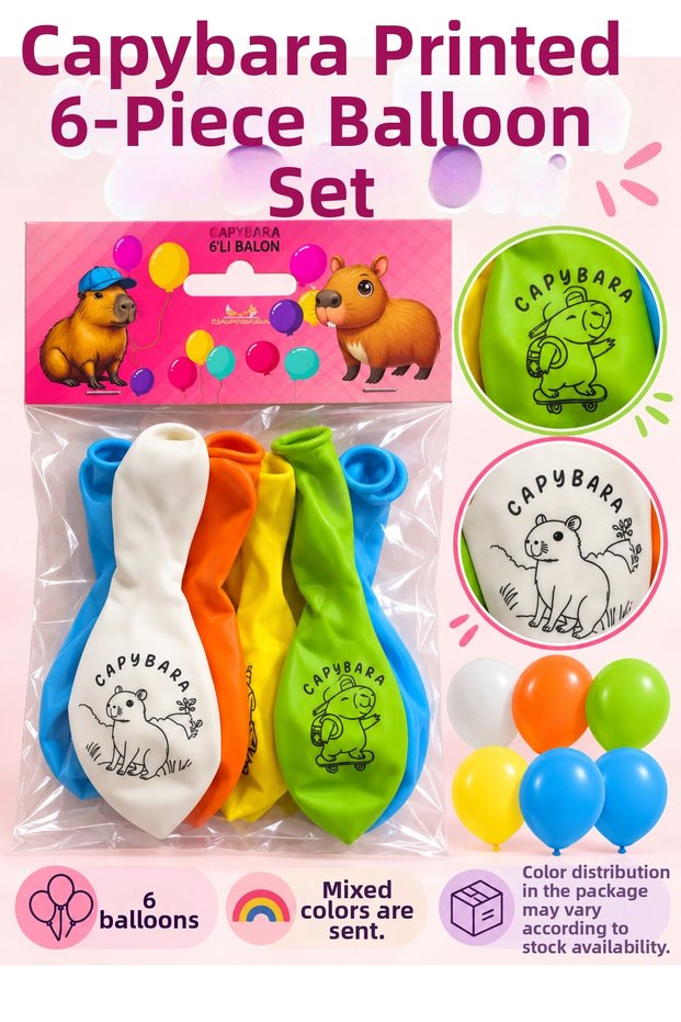Capybara-Printed Balloon 6-Pack – Assorted-Color Birthday and Party Decorative Balloons