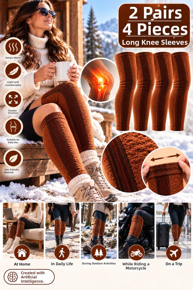 Long Thermal Wool-Textured Knee Pads, 2 Pairs (4 Pieces) – 47 cm, Winter-Ready, Heat-Retaining, Stretchy, and Soft Knee Pads