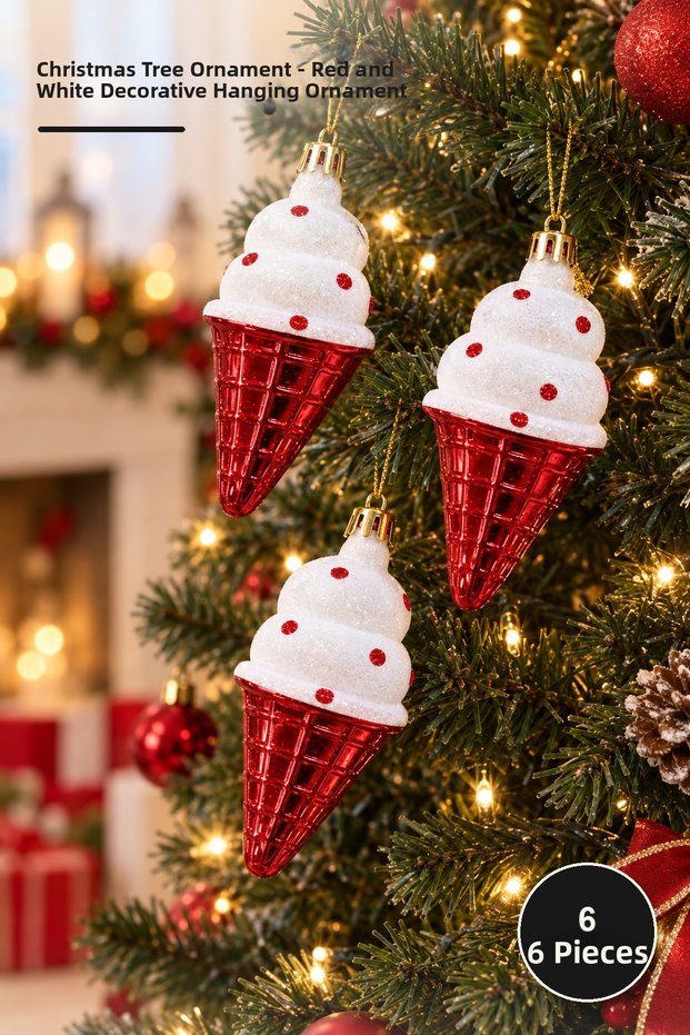 Set of 6 Christmas Tree Ornaments Featuring Santa Hats – Red and White Decorative Christmas Ornaments for the Tree