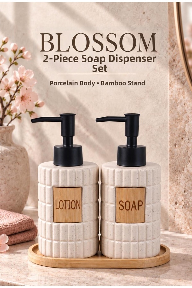 Blossom 2-Pack Cream-Colored Porcelain Liquid Soap Dispensers with Bamboo Trays, 350 ml
