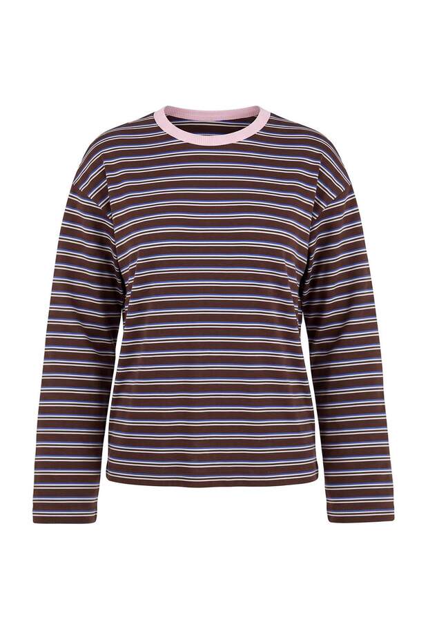More Sustainable Kahverengi Çizgili Overisize Bisiklet Yaka İnterlok Örme T-Shirt TWOAW27TS00027