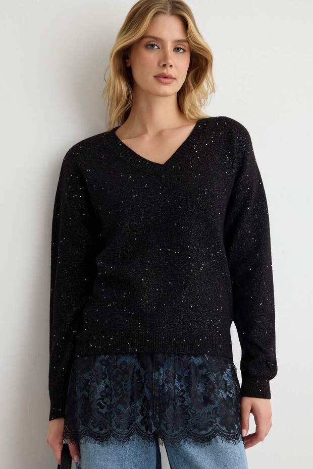 Black Sequined Skirt Hem Lace Trim Knitwear Sweater Twoaw27Kz00153
