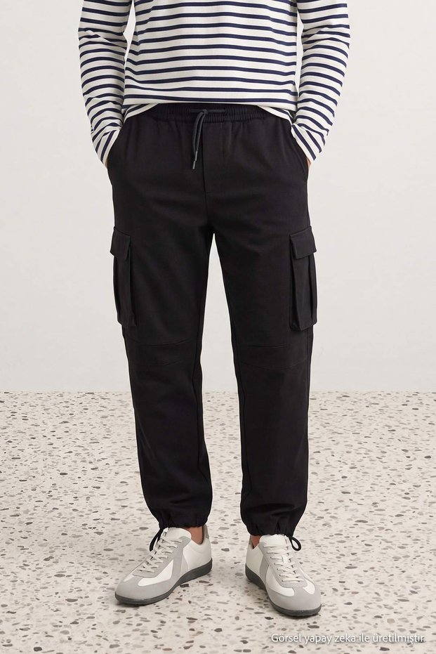 Black Straight Fit Cargo Pocket Elastic Waist Men's Trousers Tmnaw27Pl00019