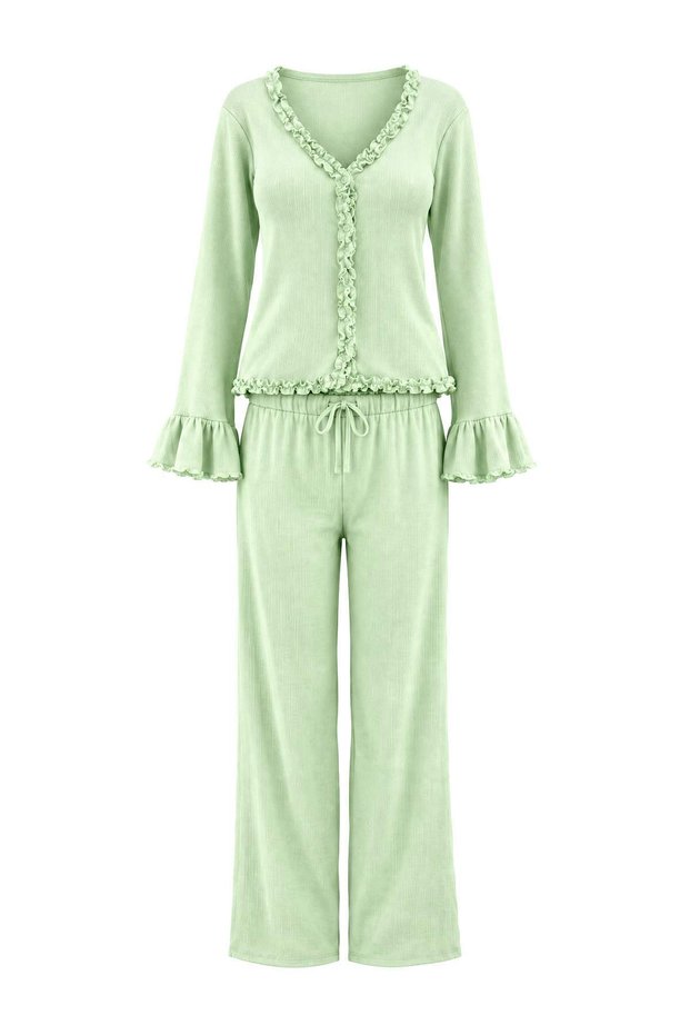 Açık Yeşil %100 Pamuk Düz Fırfırlı Pointel Örme Pijama Takımı THMAW27PT00038
