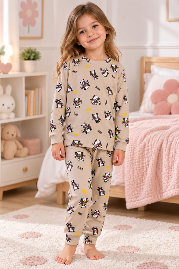Girl's 100% Cotton Mink Color Raccoon Print Long Sleeve Winter Pajamas Set