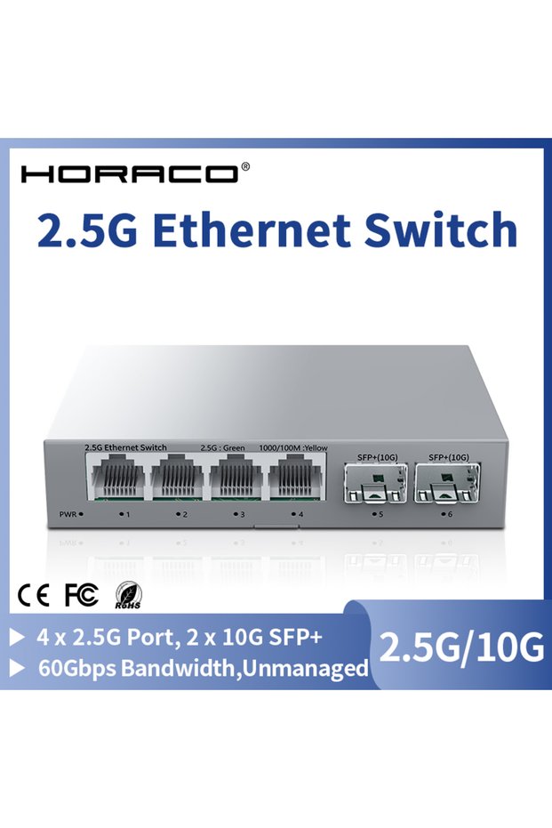 UK Adapter HORACO 2.5Gb Switch 2.5GBASE-T 4 Port 2.5G RJ45 with 2 Port 10G SFP+ Fanless Unmanaged Pl
