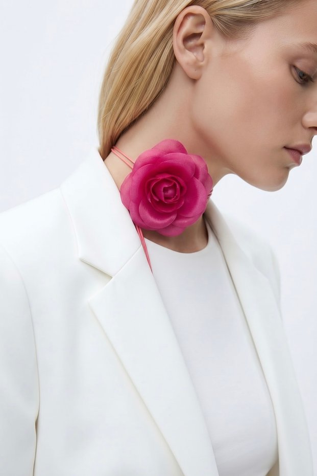 Lace-Up Silk Tulle Flower Choker Necklace Rose Necklace Barbie