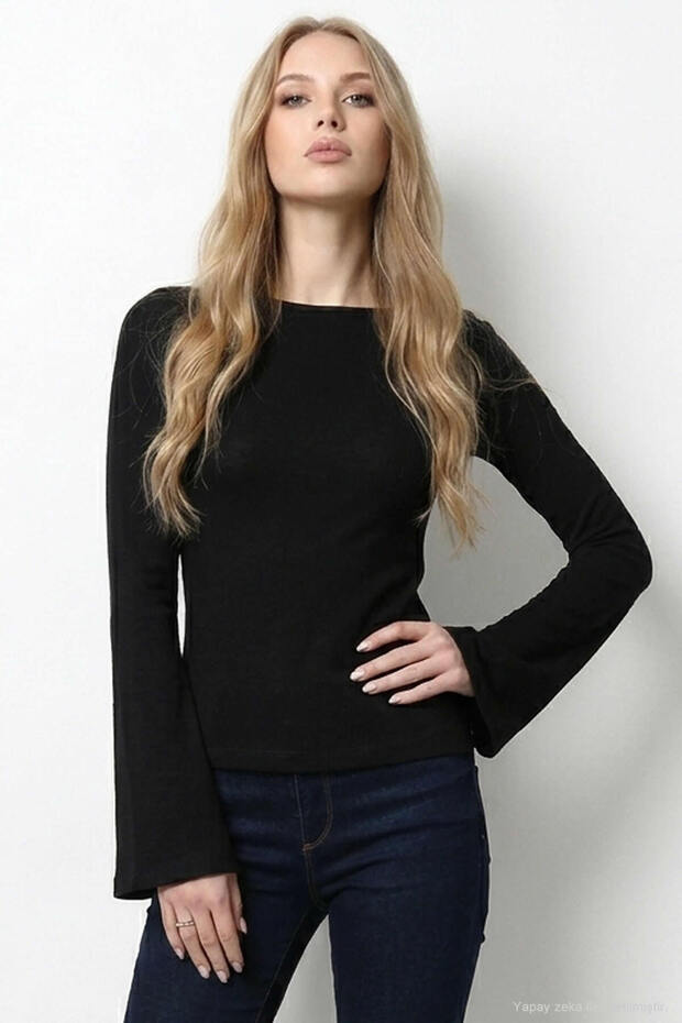 Beja Slim Fit Soft Textured Bell (Spanish) Long Sleeve Boat Neck Women's Blouse & Top - Black