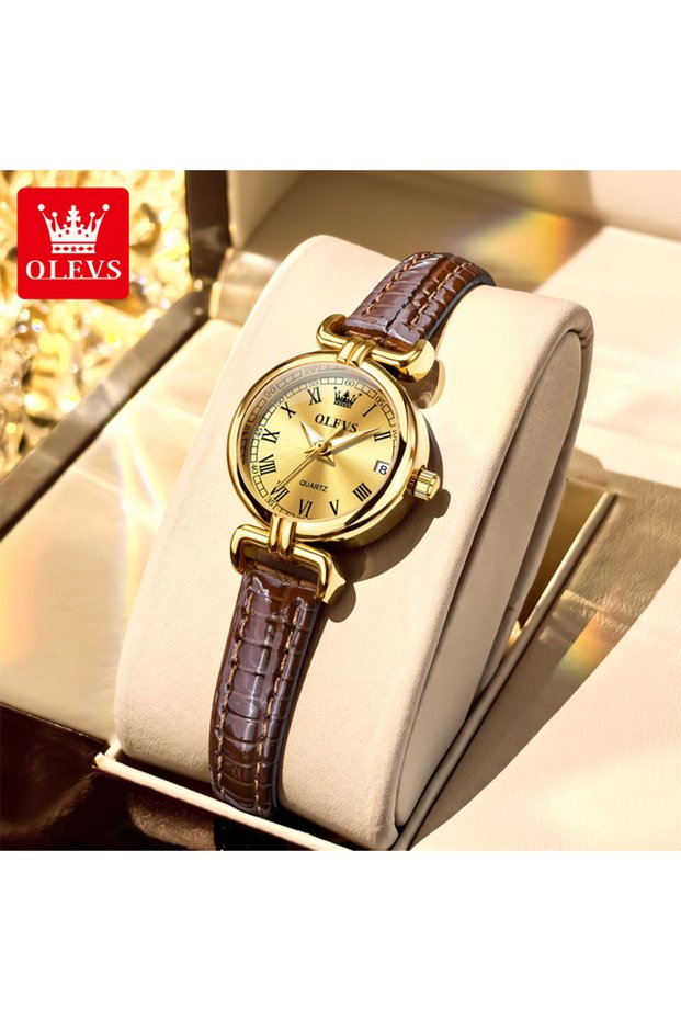 Yes Pink OLEVS 5645 Women Watch Quartz Movement Fashion Watch Gift Round-dial Leather Watchband Wris