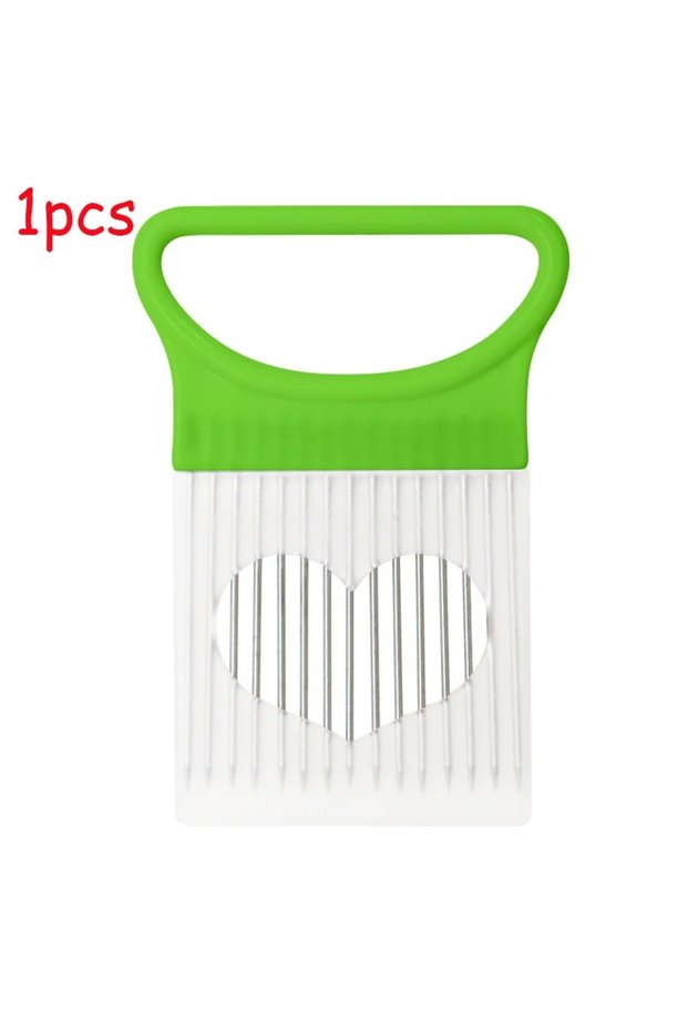 green-1pcs Stainless Steel Onion Cutter Holder Food Slicers Assistant Tomato Onion Slicer Holder Veg