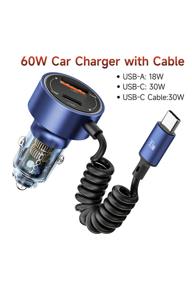 Transparent Blue 60W USB Car Charger for Xiaomi Samsung LED Light PD QC3.0 Type C Fast