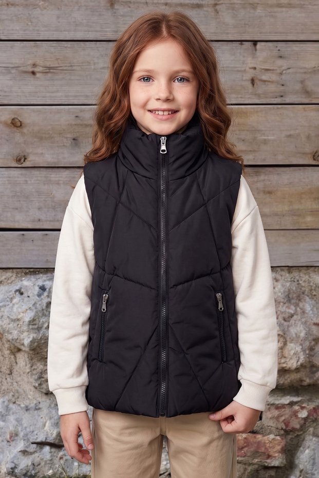 Zippered Stand Collar Girl's Puffer Vest