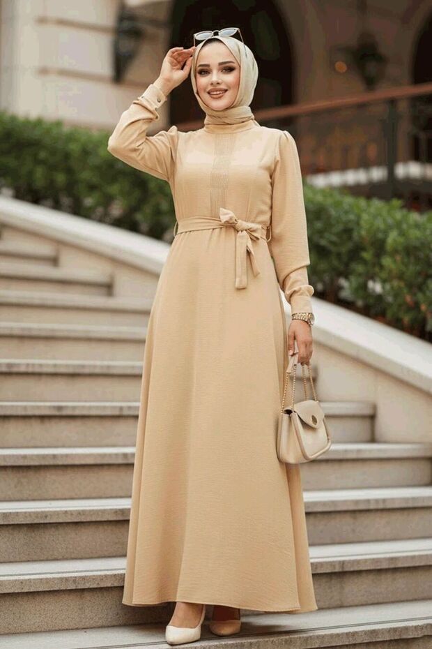 Belted Beige Hijab Dress 6621Bej