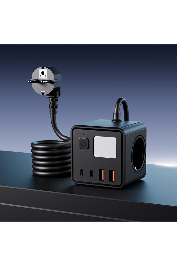 black 1 EU 8-in-1 power socket, with 1.5-meter extension cord power board, 3 AC sockets & 2 USB & 2
