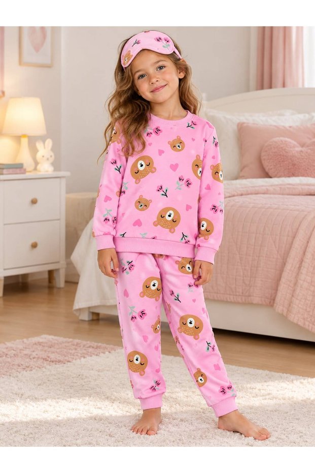 Girl's Cotton Fabric Pink Color Fleece-Lined Teddy Bear Heart Pattern Long Sleeve Winter Pajamas Set