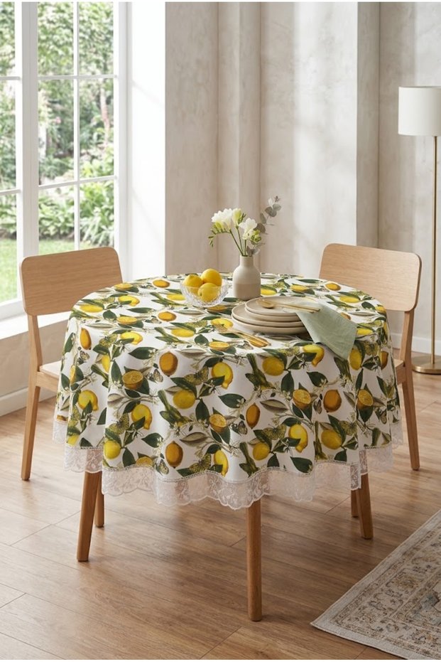 Round Tablecloth Stain Resistant Wipeable Stylish Decorative Modern Lemon Patterned Lace Edged Living Room Kitchen Balcony Garden Terrace Table Cover