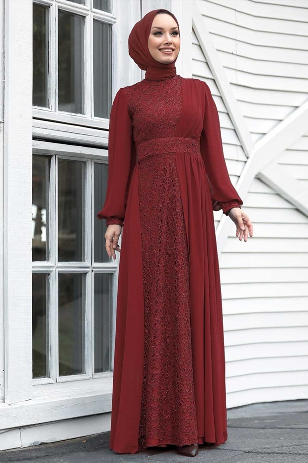 Sequined Burgundy Hijab Evening Dress 5408Br