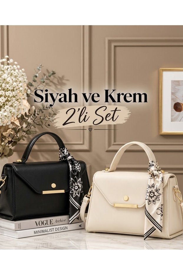 Black, Cream 2-Pack Faux Leather Hand and Shoulder Bag with Scarf Detail